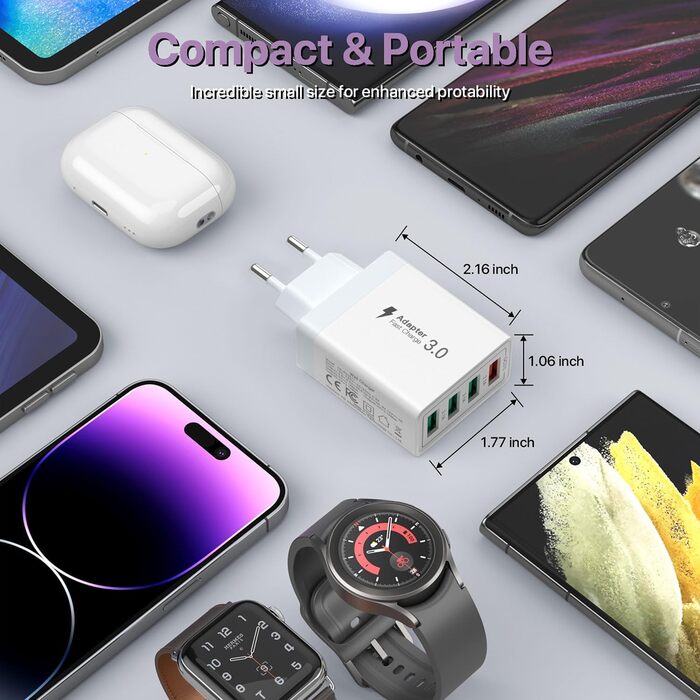 Зарядний пристрій USB-C 65W з кабелем, GaN 4-портовий швидкий заряд для MacBook, iPad, iPhone 15/16 Pro Max, Galaxy S23/S24 (2м USB-C - USB-C, білий)