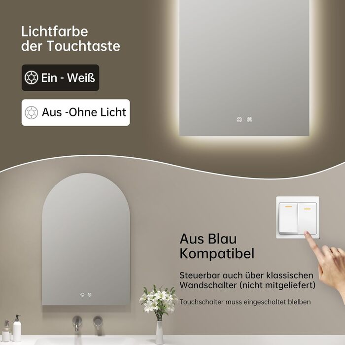 Дзеркало для ванної кімнати з підсвічуванням, арочне, без рами, 75x50 см. Touch-вимикач, регулювання яскравості, 3 кольори світла, антизапар