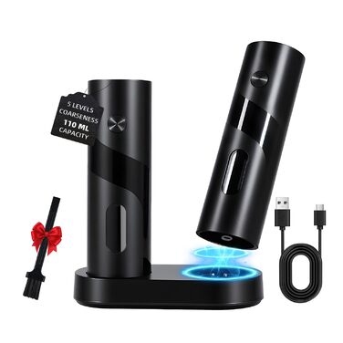 Набір електричних мельниць для солі та перцю з заряджною станцією, об'єм 110 мл, 5 ступенів помелу, керамічна млинка, щітка, 2 шт., чорний