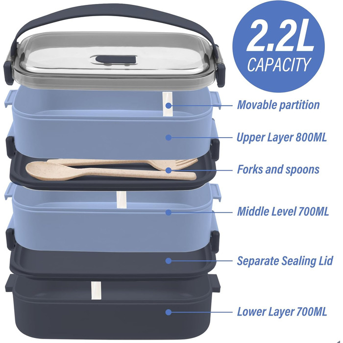 Ланчбокс Brotdose з 3 ярусами, 2200 мл, Bento Box з посудом, роздільники, BPA Free, для мікрохвильової печі, бежевий, 19.5 x 11.2 x 15 см, PP матеріал