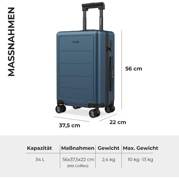 Чемодан ручної об'єм NUMADA PackPro T20 (56x37x22 см) з TSA-замком та 4 колесами. Жорсткий кейс з внутрішніми відділеннями, світлом, стійкий (Блакитний)