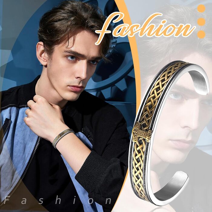 Чоловічий браслет JewelryWe з нержавіючої сталі з вовком, плетіння, стиль вікінг/байкер, відкритий браслет, срібло/золото/чорний, еластичний, набір 2 шт. (Молот Тора)