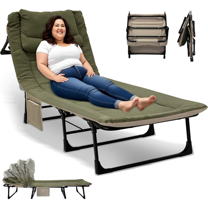 Розкладне ліжко-крісло для кемпінгу з матрацом, 6 положень спинки, ліжко для риболовлі, Outdoor ліжко XXL, 65x190x30 см, 1-місне, для відпочинку на природі