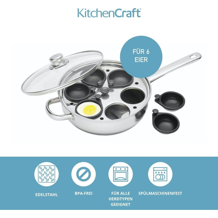 Каструля для приготування яєць-пашот KitchenCraft, антипригарна, з нержавіючої сталі, для 6 яєць, індукційна, 26 см, срібляста
