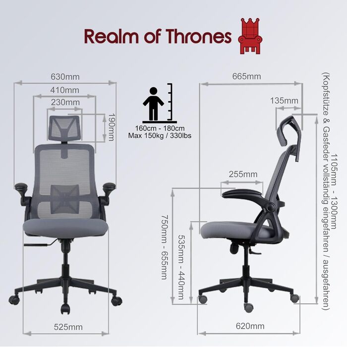 Офісний стіл Realm of Thrones CAPTAIN: ергономічний, з міцною сталевою основою, регульованою поперековою підтримкою та дихаючою спинкою (сірий, сучасний)