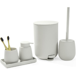 GAHEFY Badset Badezimmer Zubehör Set Beige, Badausstattung Sets Deko, 5-teiliges Bad Set - Seifenspender, Zahnbürstenhalter, Schminktablett, Klobürste und Mülleimer Set für Bad (Beige)