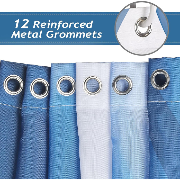 Шторка для душу Bonhause 180x180 см, водовідштовхувальна, антигрибкова, смугаста, поліестер, з кільцями (12 шт.), блакитна