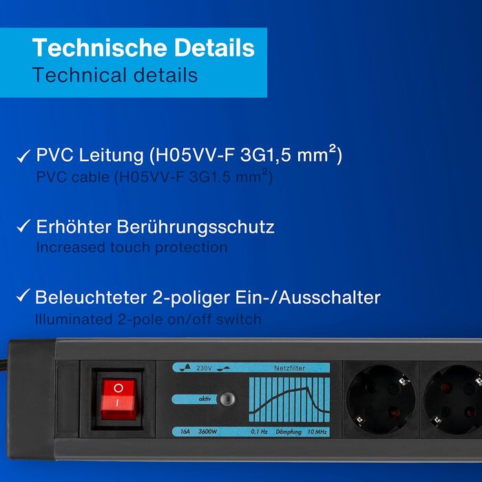 Мережевий фільтр REV SupraGuard 6-фазний з вимикачем, 2.5м, захист від перенапруги, чорний