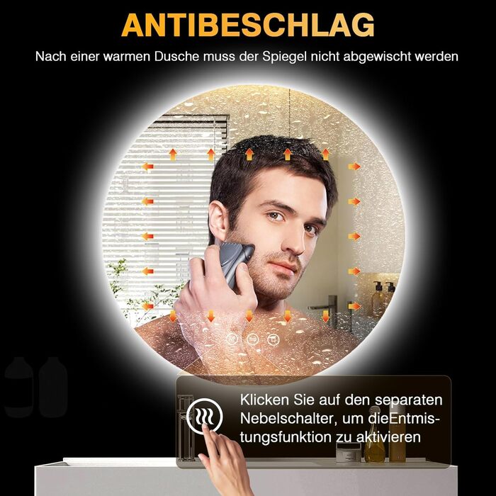 Дзеркало для ванної кімнати з підсвічуванням 70 см, LED дзеркало з підсвічуванням, 3 кольори світла, антизапарник, регульована яскравість, сенсорне управління, функція пам'яті, кругле, водонепроникне IP44, 70x70 см