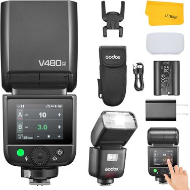 Спалах для камери Godox V480C Canon з сенсорним екраном, GN50, TTL, 2.4G Wireless, 1/8000 HSS, 650 J, 1.7s час відблиску, Li-ion акумулятор 7.2V/2200mAh