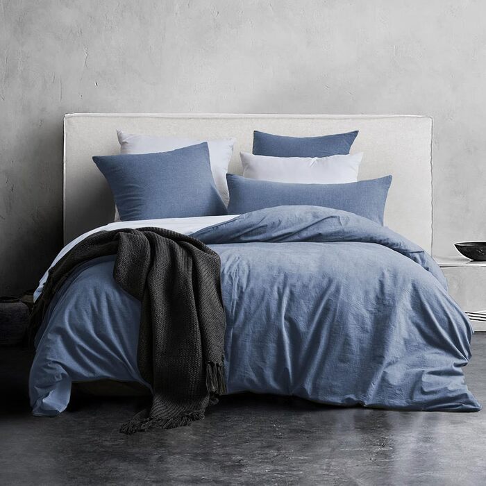 MILDLY Duvet Cover 240 x 260 cm, Cotton, Washed, Öko-TEX, Blue, Duvet Cover with Zipper, Bedding 240 x 260 cm, for Adults, Cotton with 2 Pillowcases, 65 x 65 cm