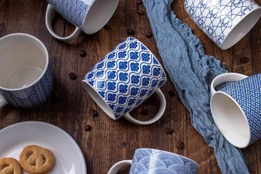 Set of 6 coffee cups with black and white geometric pattern, ceramic tea cup set of 6 (black cup set) (Blue)