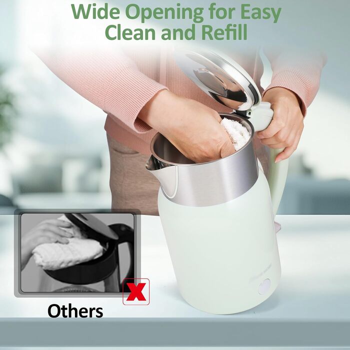 Navie Mobi Stainless Steel Electric Kettle - 1.8L, 2200W Fast Boiling, BPA-Free, Double-Walled, Drip-Free, Auto Shut-Off, Quiet & Cordless, SGS Certified, Turquoise Green