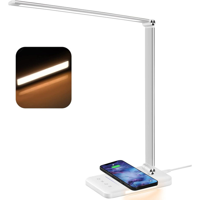 LED лампа настільна диммерна 560LM - офісна лампа з 5 режимами кольору та 10 рівнями яскравості, з нічним світлом, USB-портом, функцією пам'яті та таймером, 10W - білий (адаптер 24w - сріблястий)