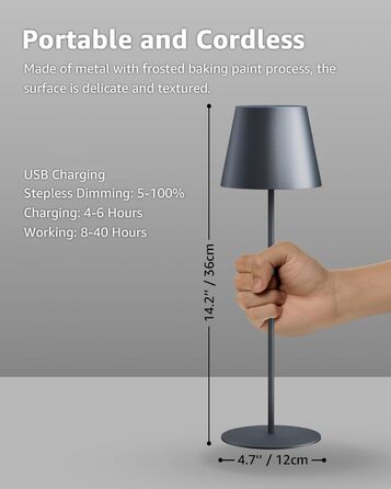 LED настільна лампа FUYO з USB-C зарядкою, акумуляторна, для дому та вулиці, сенсорне керування, регулювання яскравості, 2700K-6000K, 3 кольори, сіра (1 шт.)