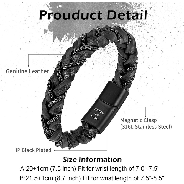 Чоловічий шкіряний браслет преміум-класу з магнітною застібкою з нержавіючої сталі, чорний та коричневий (20 см)