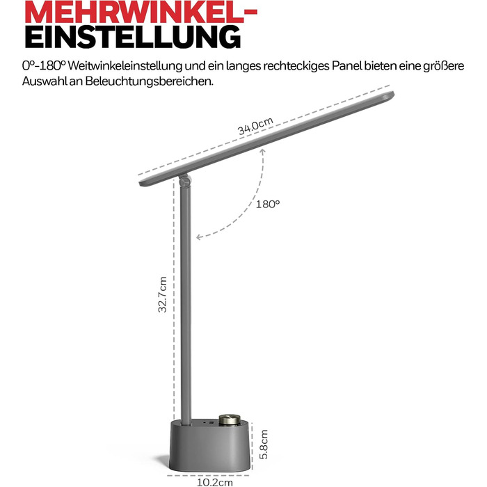 LED-лампа Honeywell H01 Pro Sunturalux™ з USB A+C, регульована яскравість, 3 режими, для дому, офісу та читання (сіра)