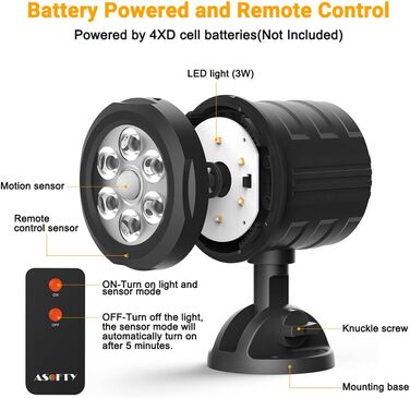 ASOFTY Motion Sensor Outdoor Battery Spotlight with Remote Control, 6 LED Wireless Battery-Powered 1000LM Spot Lamps, IP65 Waterproof Security Lamps for Garden, Garage, Indoor & Outdoor (Black)