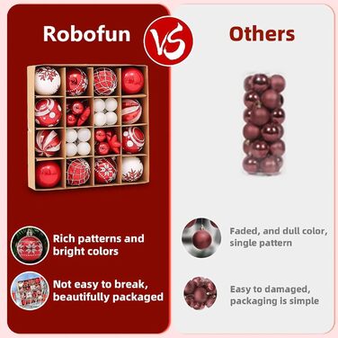 Набір прикрас для ялинки Robofun 44 шт. Червоні та золоті кульки для ялинки, міцні та безпечні, пластикові, для дому та вулиці