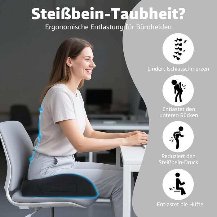 Ортопедична подушка для сидіння BRO Extra Großes з чохлом Ice Silk, Memory Foam. Ергономічна подушка для підтримки куприка для офісного крісла, авто та інвалідного візка.