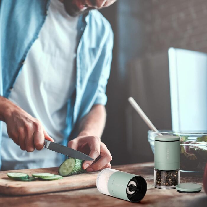 Набір з 2 мельниць для солі та перцю Vinsun - ручні, з регульованим керамічним жорном, нержавіюча сталь, ø51x100mm