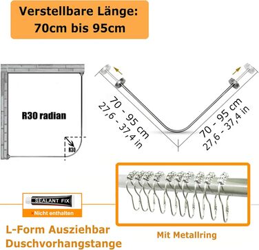 Штанга для душу U-подібної форми uyoyous, 85-120 см, не потребує свердління, з нержавіючої сталі 304, для ванної кімнати/душу