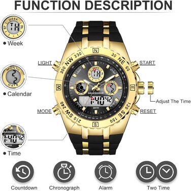 Чоловічий військовий годинник: спортивний, з датою, будильником, світлодіодом, секундоміром. Великий годинник для чоловіків (чорний, золотий)