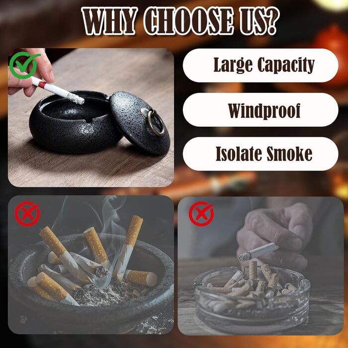 Керамічна попільничка з кришкою, попільничка для сигарет в приміщенні та на вулиці, декор для столу в дім та офіс (Чорний)