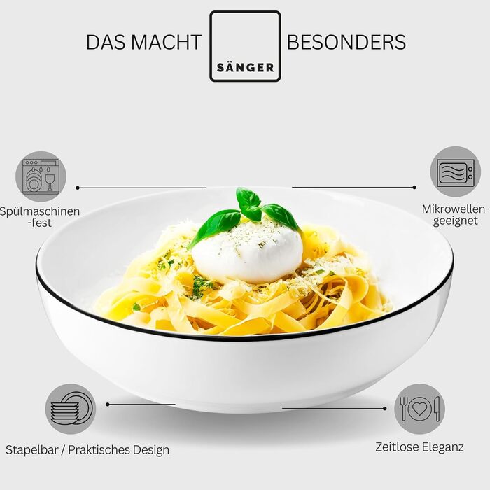Набір посуду SÄNGER Tafelservice, 24 елементи (6 осіб), з порцеляни (Müslischalen, Dessert-, Speisetellern, Pastaschalen), сучасна форма PREMIUM COLLECTION (Marlo Black Rim)