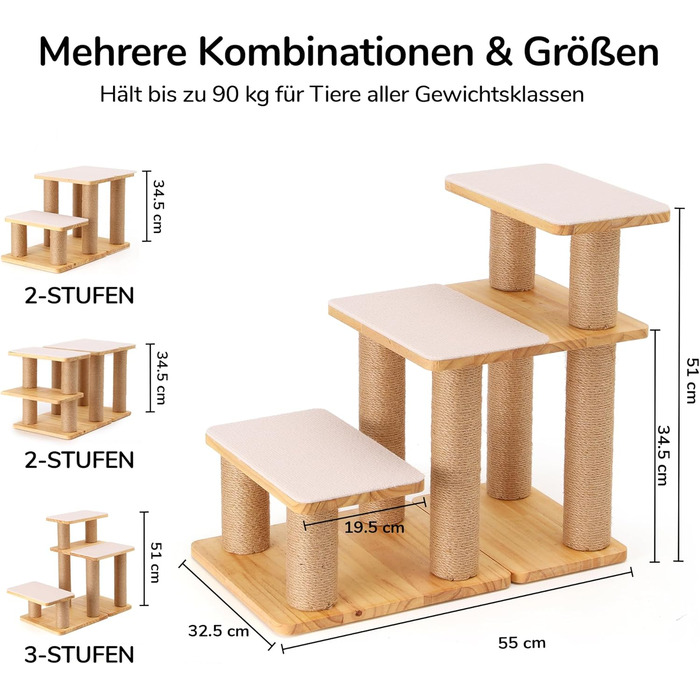 Сходинки для собак FUKUMARU: 3 сходинки з натурального дерева та джуту, регульована висота 18-51 см, витримують до 90 кг, знімний м'який підвішун
