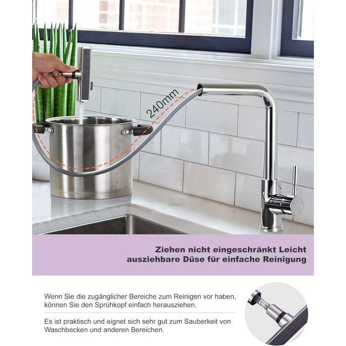 Кран кухонний iVIGA висувний з дощу, водоспад, 360° поворот, мікшер, брашований нікель