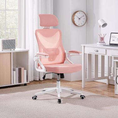 Крісло офісне Yaheetech ергономічне, з підйомними підлокітниками, регульованою підголівником, функцією гойдання, до 136 кг, білий/рожевий