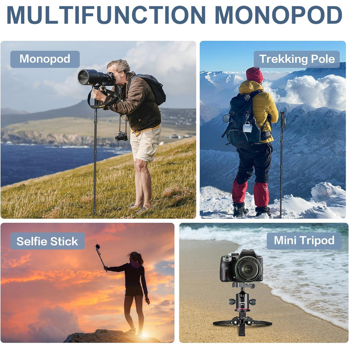 Штатив для камери Manbily A-222 з висувними ніжками з алюмінію, 5 секцій, до 170 см, 7 кг, для DSLR Canon/Sony/телефону (сірий/чорний)