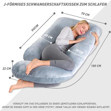 Подушка для вагітних CALIYO J-подібної форми, XXL, для сну на боці, з бавовняною підкладкою (180x70 см, блакитно-сіра)