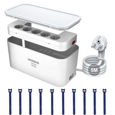 Мережевий фільтр з кабельною коробкою: 5 розеток, 3 USB, органайзер для кабелів, захист від перенапруги, 29.5 x 14 x 14 см, 2 м кабель