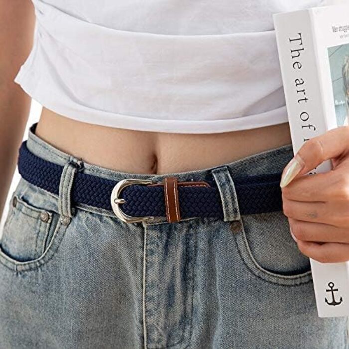 Жіночі еластичні пояси Chalier (2 шт.) - плетений стрейч-пояс, чорний та темно-синій, універсальний розмір, темно-синій та білий