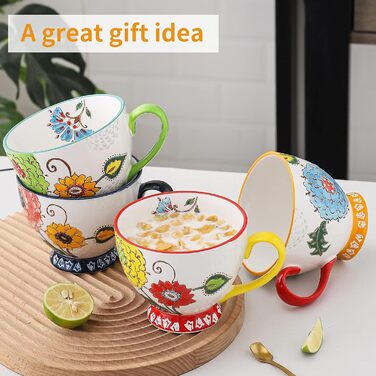 superyes Large Coffee Cup Set, 4 Pieces, Coffee Cup Set for Tea, Milk, Latte, Cappuccino, Cereal, Hot Chocolate, Soup, Gift for Friend, Family (Red-Yellow-Green, 425 ml x 4 Pieces)