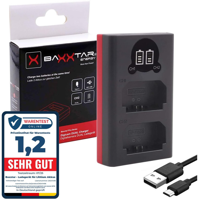 Зарядний пристрій Baxxtar NP-FZ100: міні-зарядка з двома LCD-дисплеями, живлення USB-C або Micro-USB