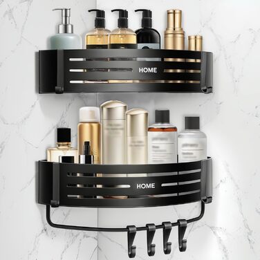 Дзеркальна поличка для душу Carehabi без свердління, 2 шт. з 8 гачками, чорна. Органайзер для ванної кімнати, кухні