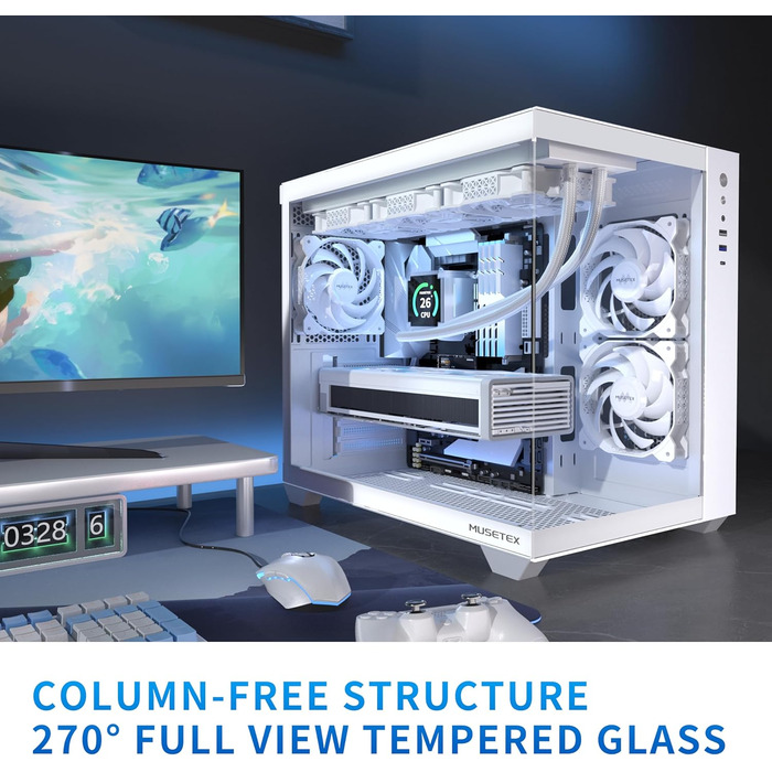 Корпус ПК MUSETEX Y6 ATX з підтримкою 360мм радіатора, Type-C, для геймінгу, з 3 вентиляторами, скляна бічна панель 270°, білий, Mid Tower