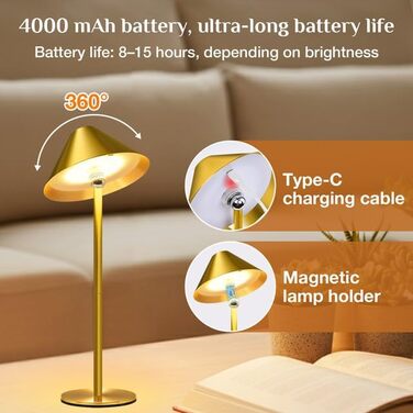 Світлодіодний настільний світильник Rosnek бездротовий, акумуляторний 4000 mAh, диммується, з магнітним кріпленням 360°, 3 режими освітлення, для дому та вулиці (Золотий, 2 шт)