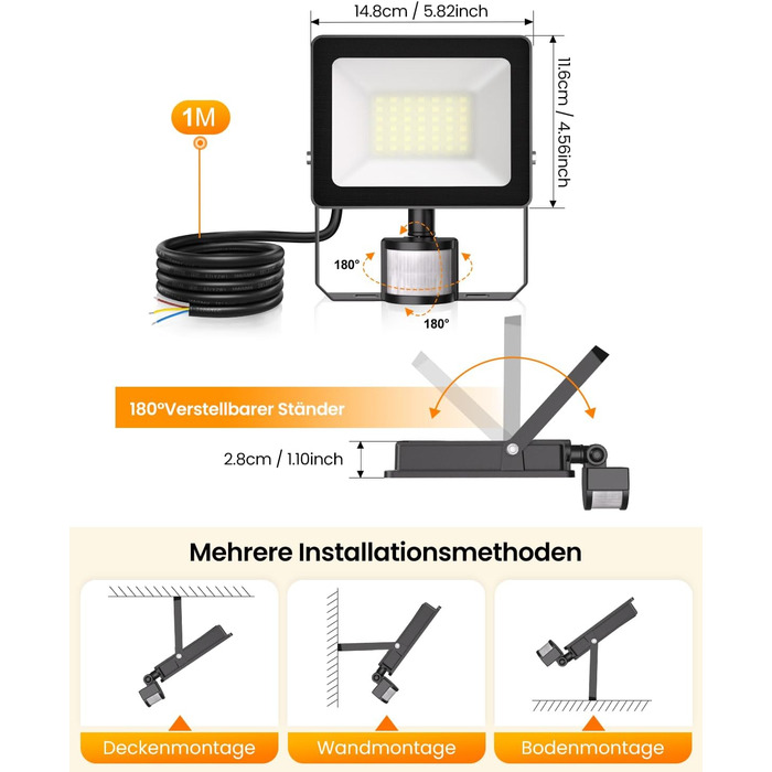 MEIKEE 60W LED Flood Light with Motion Sensor, 5900LM, 6500K Cool White, 3 Modes, 10 Brightness Levels, LED Spotlight with Sensor, IP66 Waterproof, Spotlight for Garden, Garage, Sports Field (35.0 Watt)