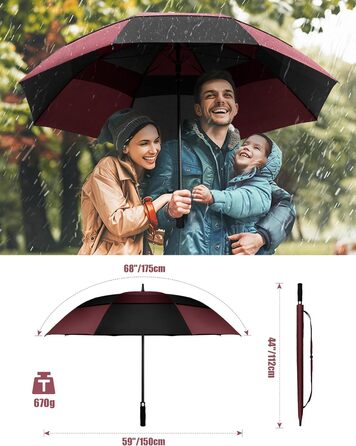 TECKNET Головний парасолька велика XXL, гольф-парасолька 68 дюймів, стійка до вітру, з подвійною конструкцією, вентильована, з великою ручкою EVA, для жінок та чоловіків, чорна та червона, діаметр 150 см