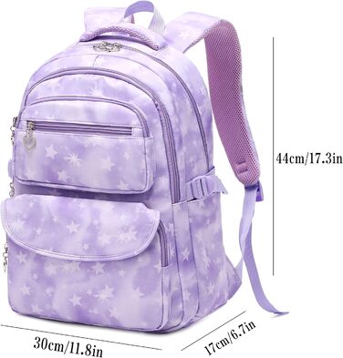 Шкільний рюкзак Tanou для дівчаток 3 шт. з ланч-боксом та пеналом, дихаючий, легкий, 22 літри, для 3-9 класів, фіолетовий зірковий принт