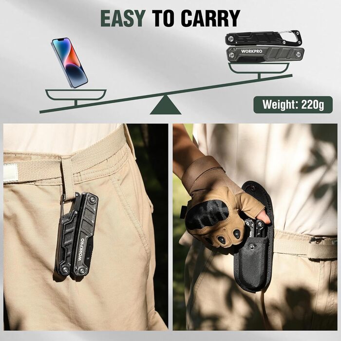 WORKPRO Мультитул 11-в-1: мультиінструмент з нержавіючої сталі з карабіном, плоскогубцями, кабелерізом, відкривачкою для пляшок, викрутками для відпочинку на природі. У комплекті чохол.