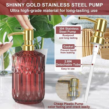 Набір аксесуарів для ванної кімнати зі скла (5 предметів), набір дозаторів для мила зі скла з нержавіючою сталею, елегантний сучасний декор для ванної кімнати, подарунок на День святого Валентина, день народження або новосілля, червоний