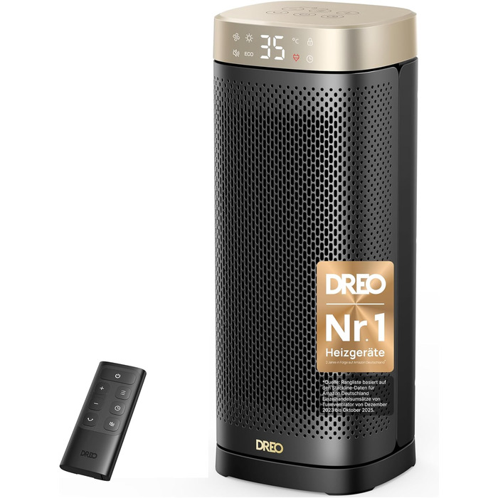 Електричний обігрівач DREO Solaris Slim H2, 2000W, керамічний, з термостатом, таймером, осциляцією, захистом від перегріву та нахилу, золотий