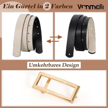 Жіночий ремінь VONMELLI вузький двосторонній шкіряний, чорний/бежевий, 120 см (талія 93-103 см) для суконь, джинсів, штанів із золотою пряжкою