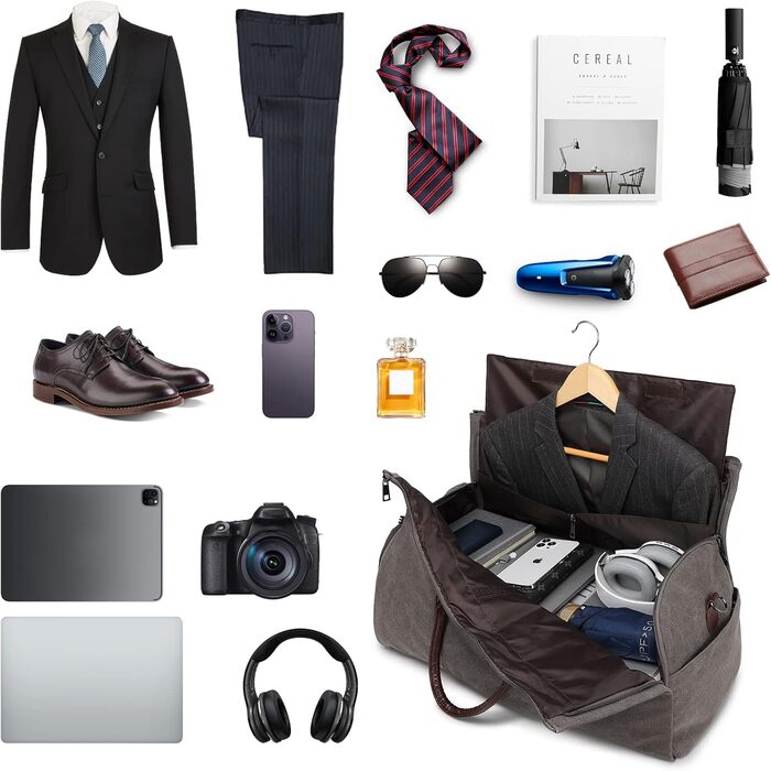 Portable Garment Bag, Men's Suit Bag for Business Travel, Large Leather Travel Bag with Shoe Compartment (Gray Backpack)