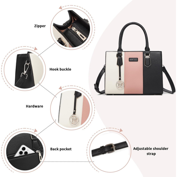 Сумка жіноча Miss Lulu середнього розміру з PU шкіри, рожево-сіра, з плечовим ременем для офісу, школи, подорожей та покупок